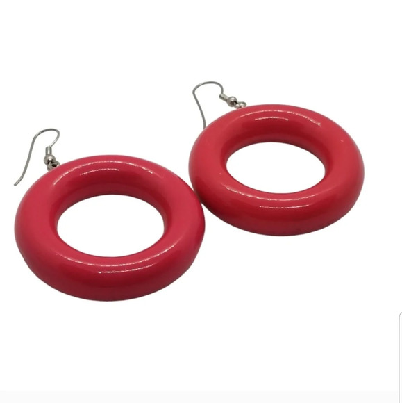 RETRO HOT PINK PUFFED HOOP DROP EARRINGS - Picture 4 of 5